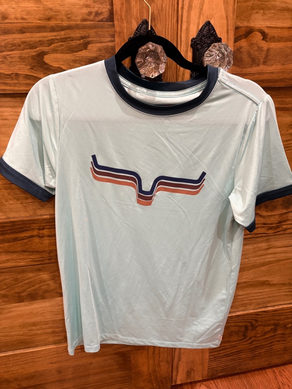 Kimes Ranch Light Blue Short Sleeve Ringer Tee with Navy Trim